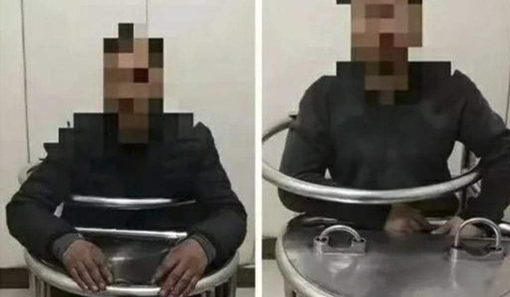 The two men are seen restrained in custody in photos included with the environment department’s statement on WeChat. Photo: uschinapress.com