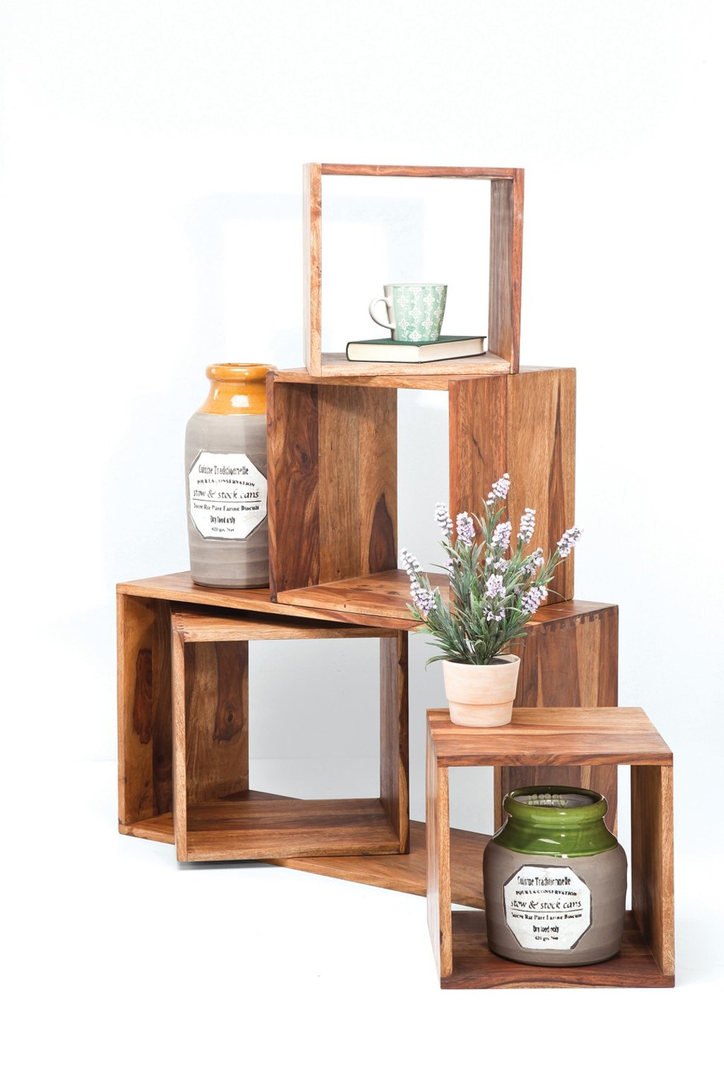 Wooden shelves from Indigo Living look natural and organic.