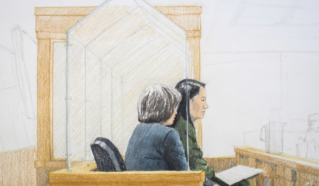 In this courtroom sketch, Meng Wanzhou, right, the chief financial officer of Huawei Technologies, sits beside a translator during a bail hearing at British Columbia Supreme Court in Vancouver, on Friday. Graphic: Jane Wolsak / The Canadian Press via AP