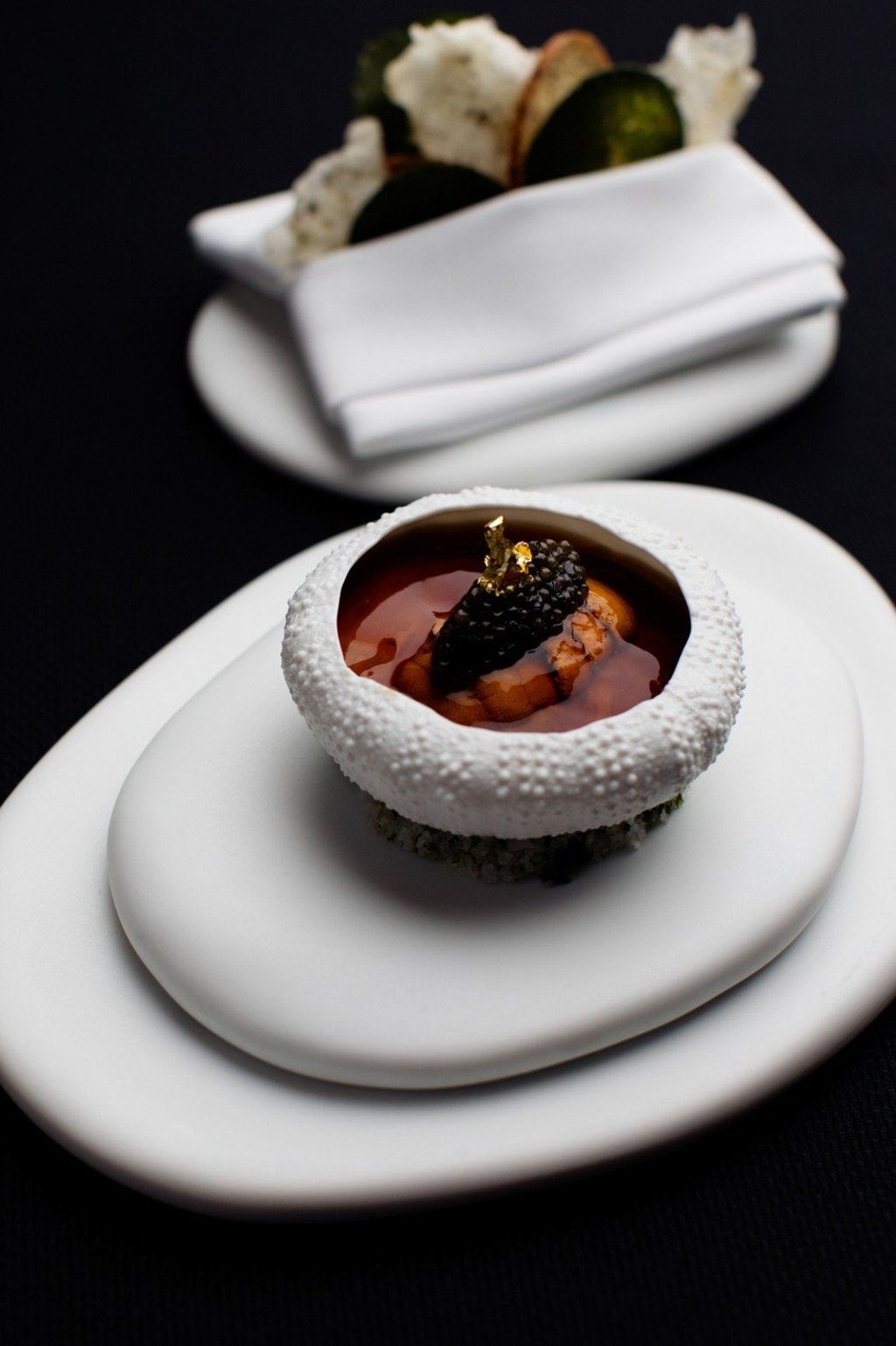Amber’s Hokkaido sea urchin in lobster Jell-O with cauliflower, caviar and crispy seaweed waffle.