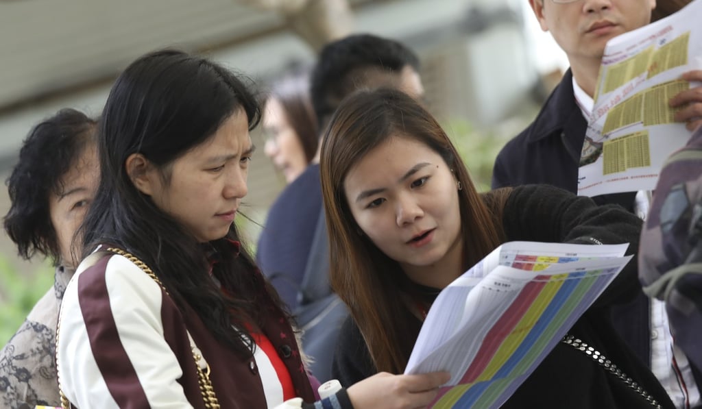 Potential buyers at Sino Land’s sales office in Tsim Sha Tsui. The developer put 488 flats at its Grand Central project in East Kowloon on sale, on Thursday. Photo: K. Y. Cheng