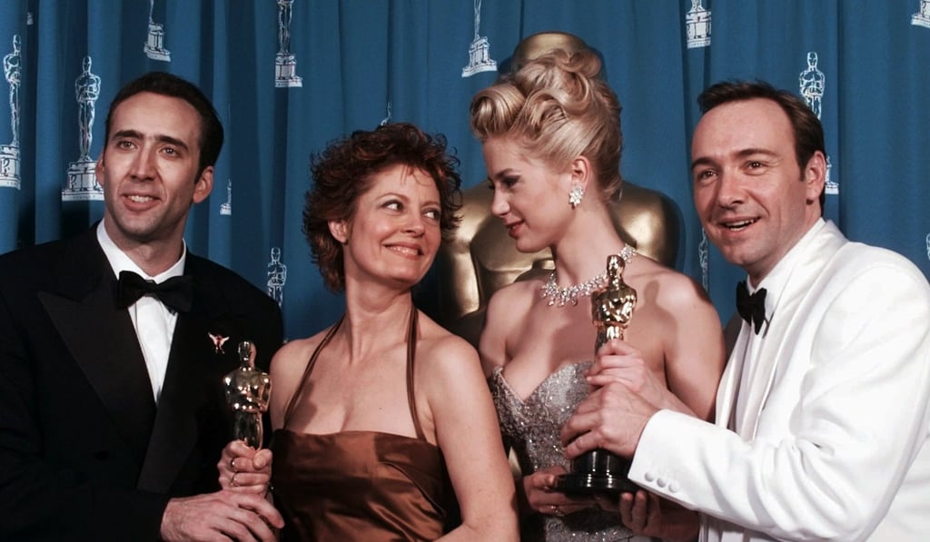 Nicolas Cage poses with his best actor Oscar for Leaving Las Vegas alongside fellow winners Susan Sarandon, Mira Sorvino and Kevin Spacey at the 1996 Academy Awards. Photo: AP