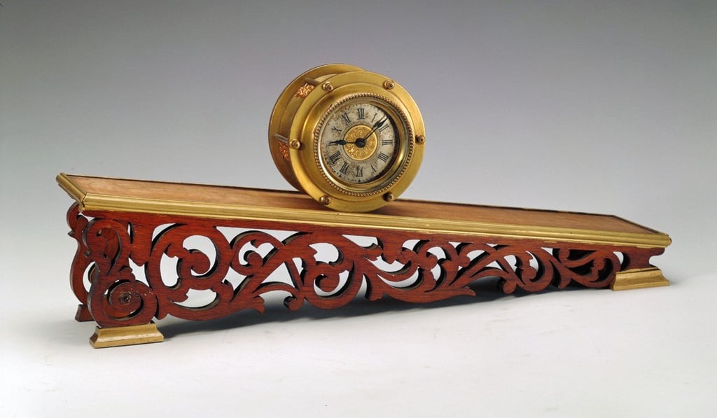 Copper clock with an ornate sloping mount, on show at ‘Treasures of Time’ exhibition at the Hong Kong Science Museum. This is a spring-free mechanical clock using its own weight as the power source. Photo: The Palace Museum