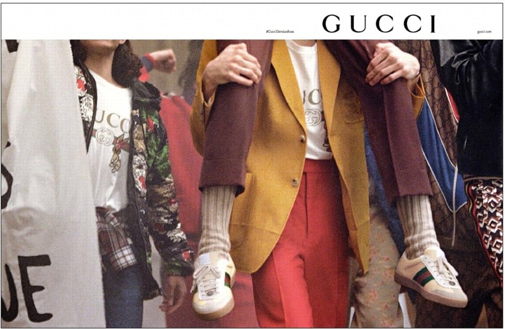 Newly released trainers were one of the focuses of Gucci’s pre-fall 2018 advertising campaign, which used the student protests in Paris in 1968 as its theme. Newly released trainers were one of the focuses of Gucci’s pre-fall 2018 advertising campaign, which used the student protests in Paris in 1968 as its theme.