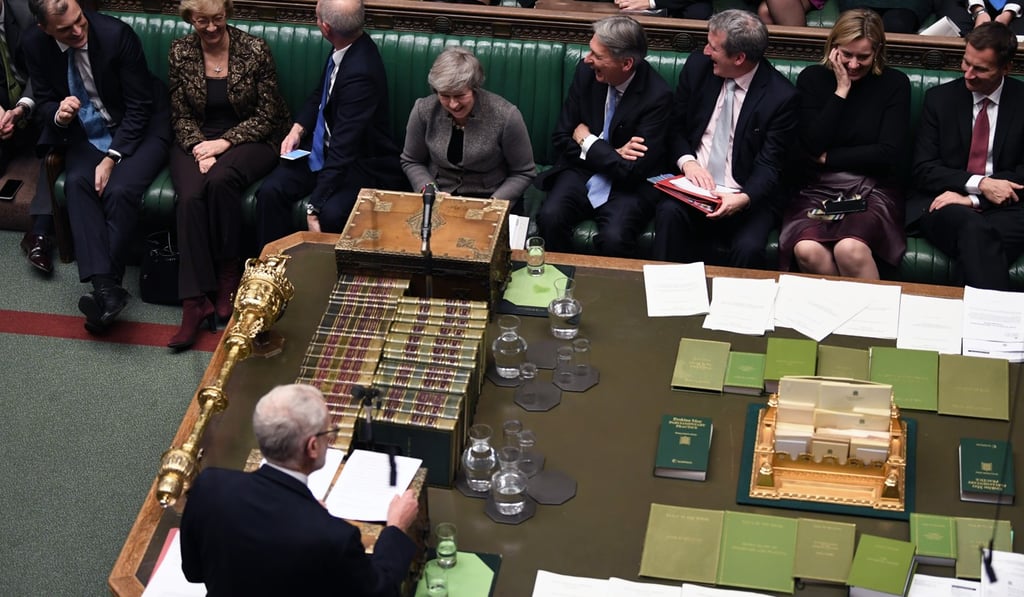 Britain’s Labour Party leader Jeremy Corbyn (bottom left) delivers a speech in the House of Commons in London on Monday. Photo: AP Britain’s Labour Party leader Jeremy Corbyn (bottom left) delivers a speech in the House of Commons in London on Monday. Photo: AP