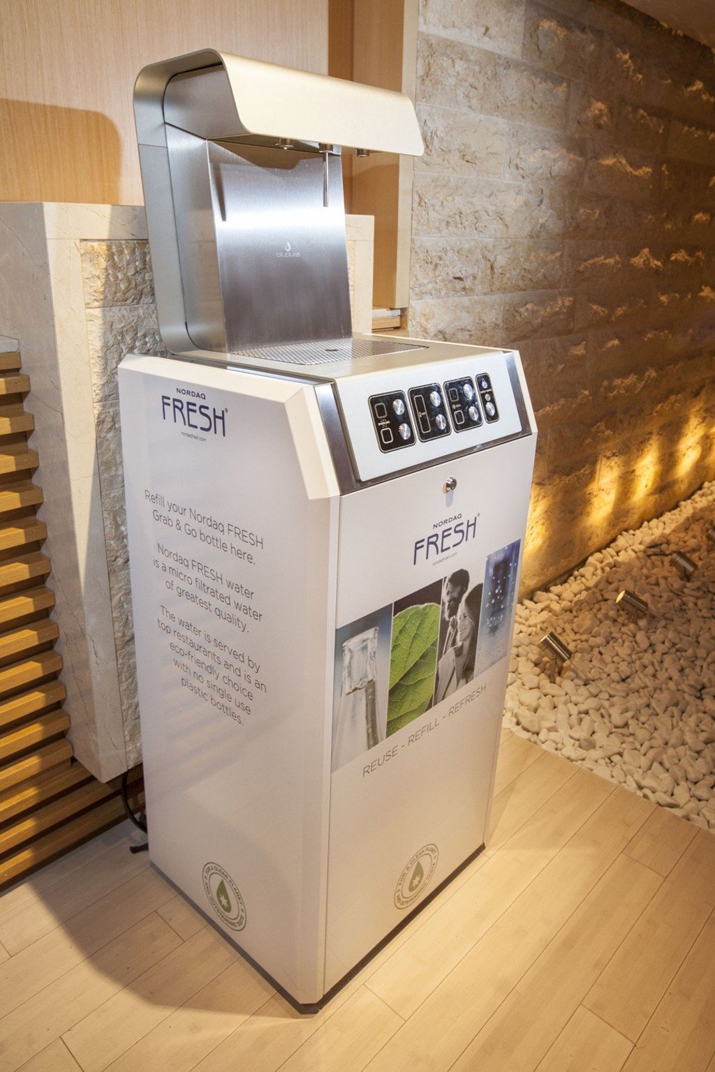 A Nordaq Fresh water filtration machine which was introduced at Landmark Mandarin Oriental as part of its sustainability efforts to stop using plastic water bottles.