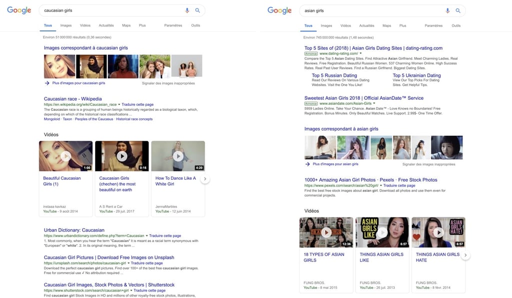 Screen capture of Google searches for ‘Asian girls’ and ‘Caucasian girls’.