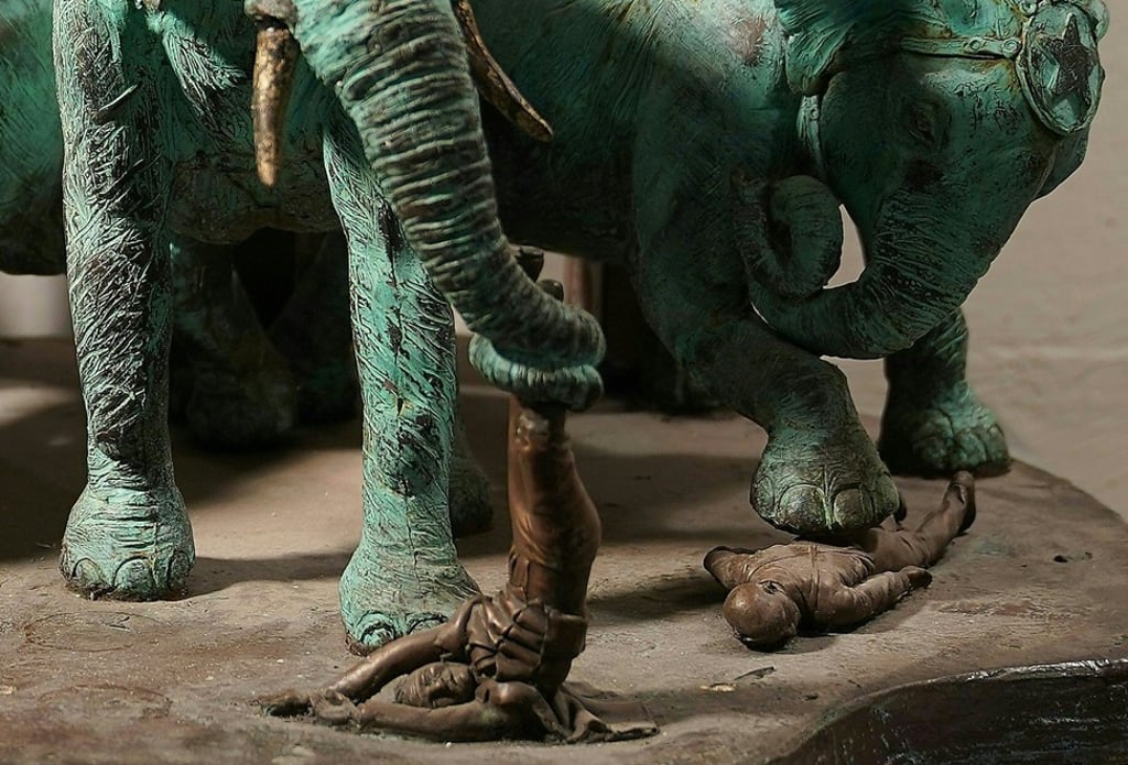 Reginella’s Brooklyn Bridge Elephant Stampede memorial, a recreation in bronze of that fateful day in 1929 when P.T. Barnum’s pack of circus elephants allegedly went rogue, squashing spectators all along the bridge – ‘one of the most horrific land mammal tragedies in our nation’s history’, the plaque says. Photo: AFP Reginella’s Brooklyn Bridge Elephant Stampede memorial, a recreation in bronze of that fateful day in 1929 when P.T. Barnum’s pack of circus elephants allegedly went rogue, squashing spectators all along the bridge – ‘one of the most horrific land mammal tragedies in our nation’s history’, the plaque says. Photo: AFP