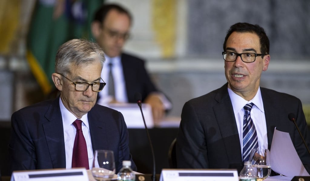 Steven Mnuchin, US Treasury Secretary (right), speaks alongside Jerome Powell, chairman of the US Federal Reserve, during a Financial Stability Oversight Council meeting at the US Treasury last week in Washington. Photo: Bloomberg Steven Mnuchin, US Treasury Secretary (right), speaks alongside Jerome Powell, chairman of the US Federal Reserve, during a Financial Stability Oversight Council meeting at the US Treasury last week in Washington. Photo: Bloomberg