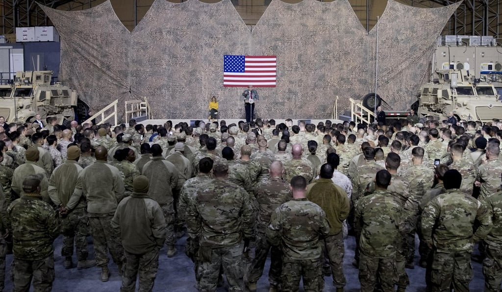 US President Donald Trump addresses US troops at Al-Asad Air Base, Iraq. Photo: AP