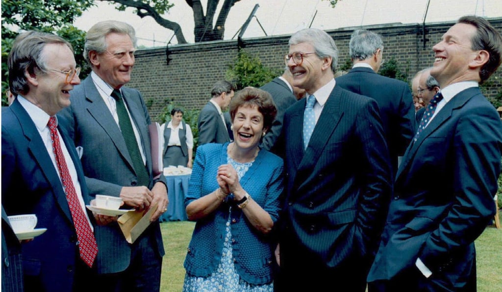 Members of Major’s cabinet share a joke with him at a garden party in the grounds of 10 Downing Street in July 1995. From left: John Gummer, Michael Heseltine, Gillian Shephard, Major and Michael Portillo. Photo: Reuters