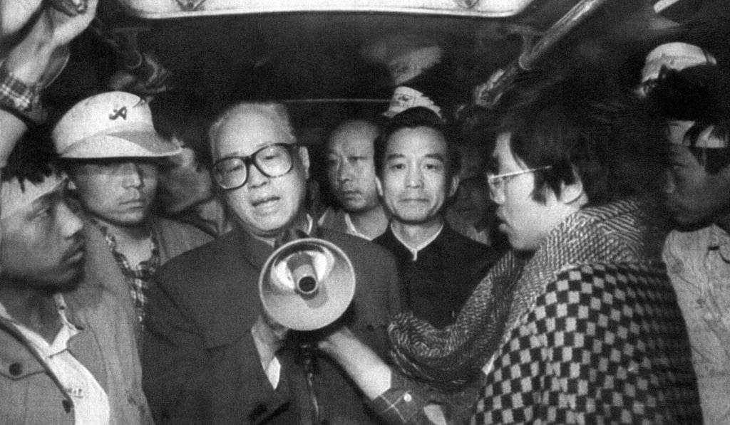 Zhao Ziyang addresses student hunger strikers through a megaphone on May 19, 1989 in one of the buses at Tiananmen Square. Photo: Handout Zhao Ziyang addresses student hunger strikers through a megaphone on May 19, 1989 in one of the buses at Tiananmen Square. Photo: Handout