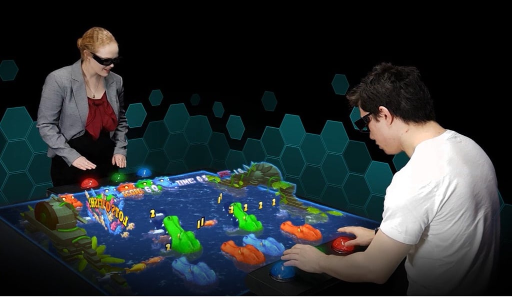 Euclideon has designed a variety of hologram arcade table games for two players, who wear 3D glasses.