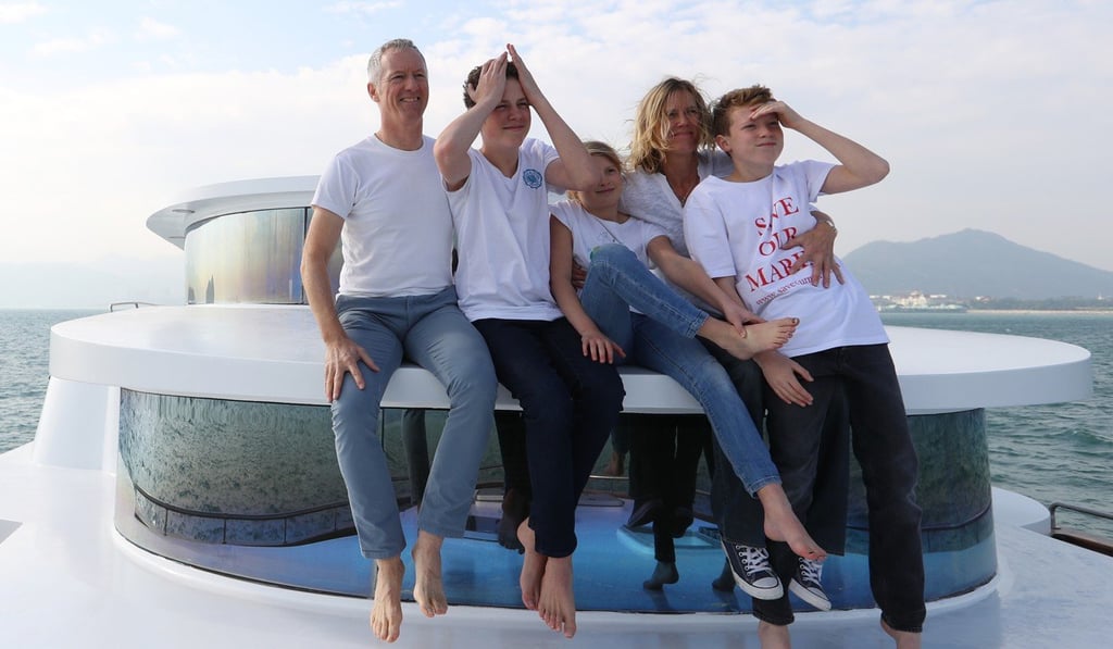 Left to right: Andrew Henderson; son Callum; daughter Ella; Nina Schulte-Mattler and son Liam, pictured before sailing out from Discovery Bay Marina to their boat’s new berth in Kwun Tong. Photo: Edmond So