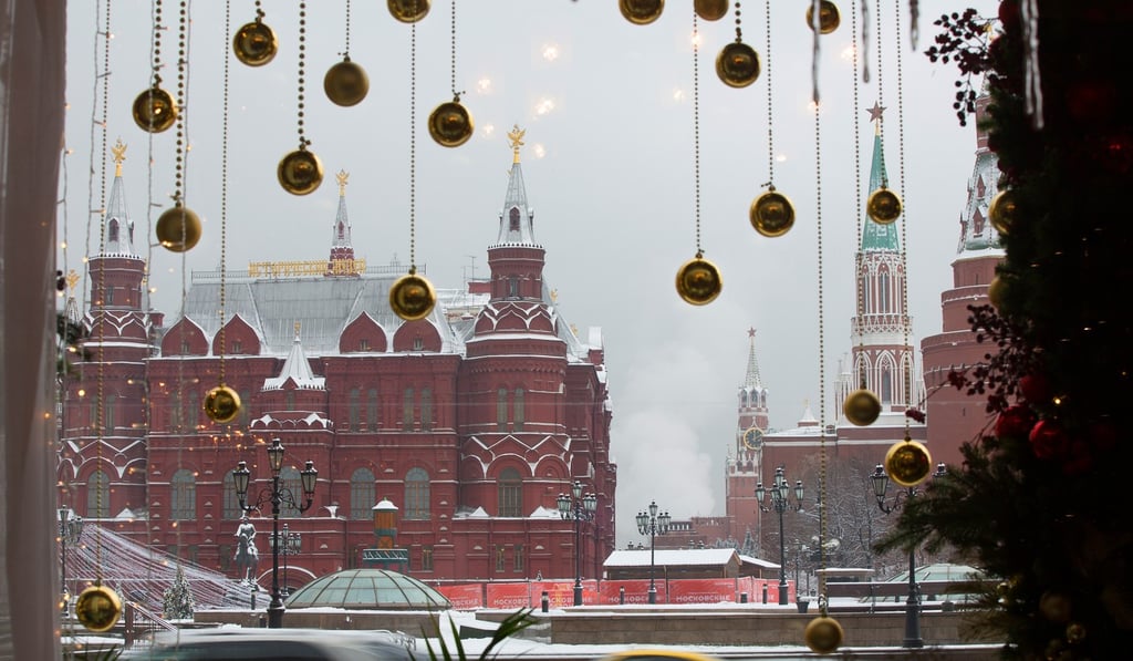 The Kremlin complex stands outside the Grand Cafe Dr Zhivago in Moscow. Photo: Bloomberg