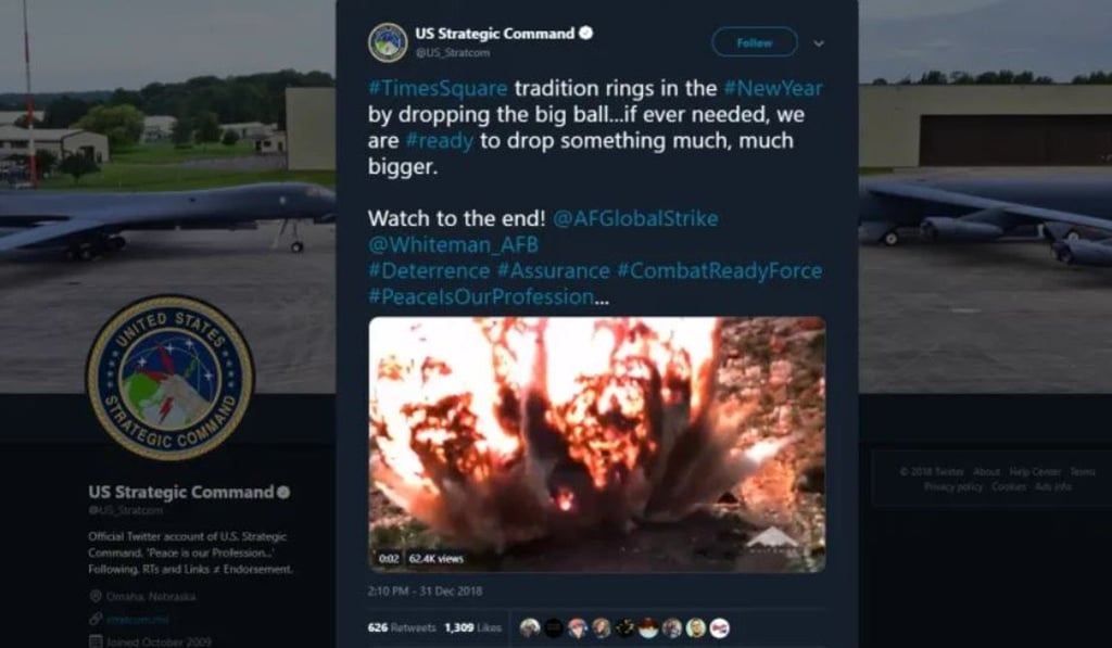 US Strategic Command, which oversees the America’s nuclear arsenal, has apologised for a Twitter message saying it was ready if necessary to drop something “much, much bigger” than the New Year’s Eve ball in New York and showing a clip of an aircraft releasing bombs.