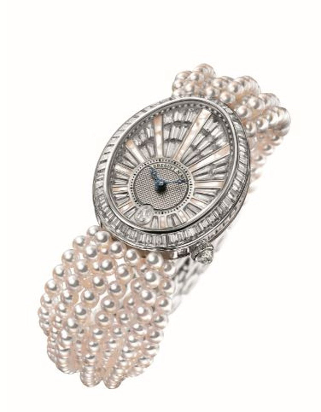 Breguet’s new Reine de Naples watch features baguette diamonds on the dial and bezel, with a white pearl bracelet for a touch of bridal elegance.