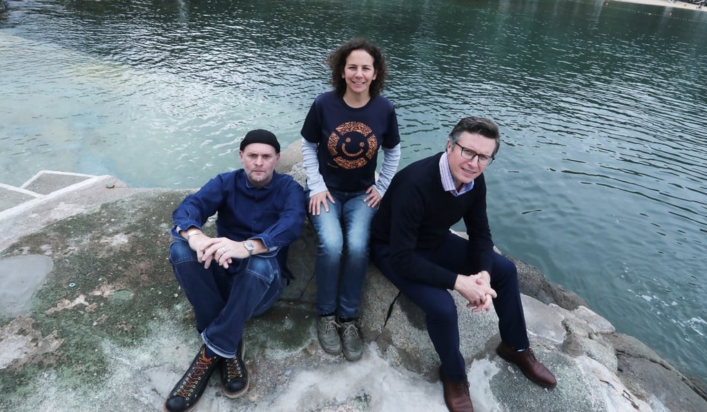 From left: artist Martin Lever, Dana Winograd from the charity Plastic Free Seas and photographer William Furniss. Photo: Jonathan Wong