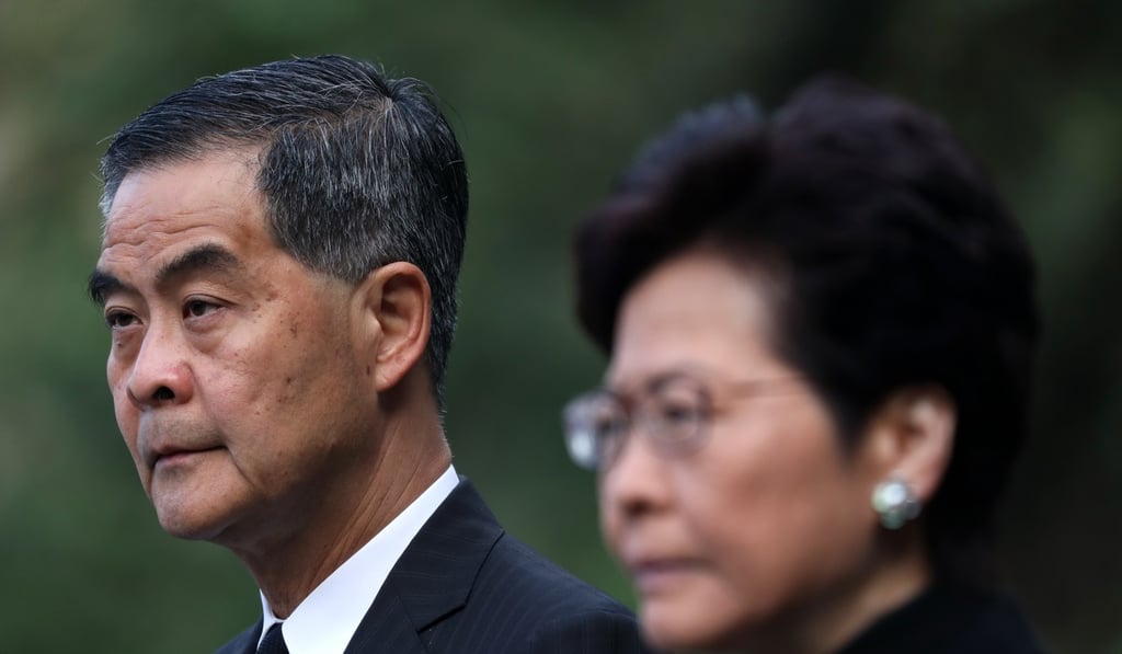 Leung Chun-ying and his successor Carrie Lam. Photo: Robert Ng