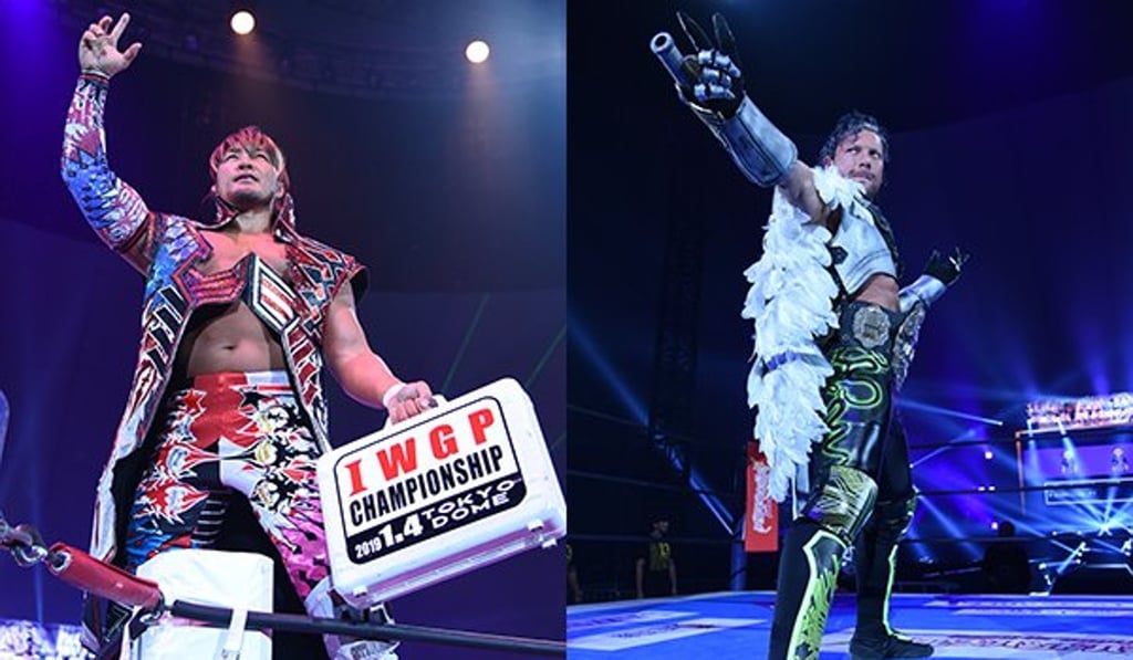 Hiroshi Tanahashi (left) and Kenny Omega enter the ring for the main event.