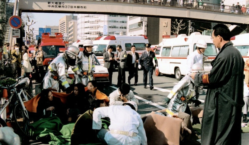 Patients being treated in front after a sarin gas attack by on the Tokyo subway system on March 20, 1995. Photo: Kyodo