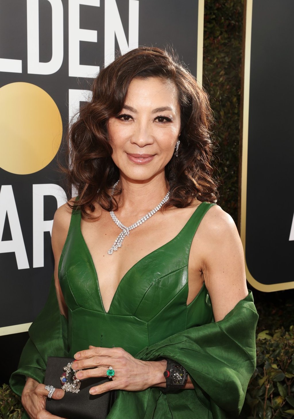Michelle Yeoh rocks the emerald ring from the Crazy Rich Asians film at the 76th Golden Globe Awards in California, in the United States, on January 6. Picture: NBCU Photo Bank via Getty Images