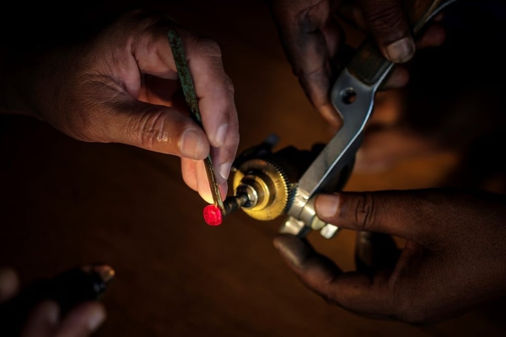 The Rose of Mozambique ruby undergoing its final faceting process The Rose of Mozambique ruby undergoing its final faceting process