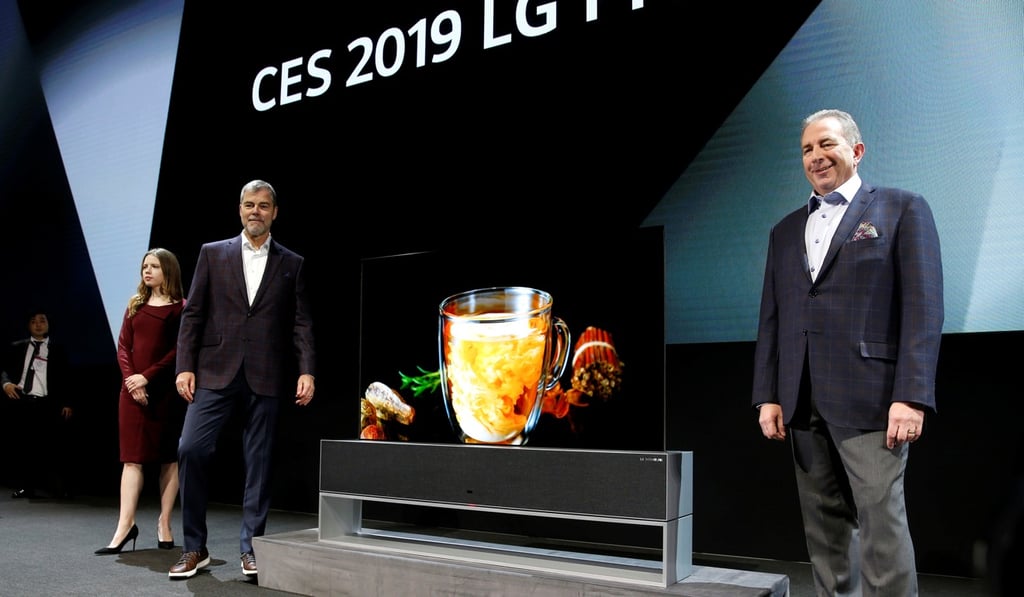 LG executives present its rollable Signature OLED TV to media at the 2019 International Consumer Electronics Show in Las Vegas on Monday. Photo: Reuters