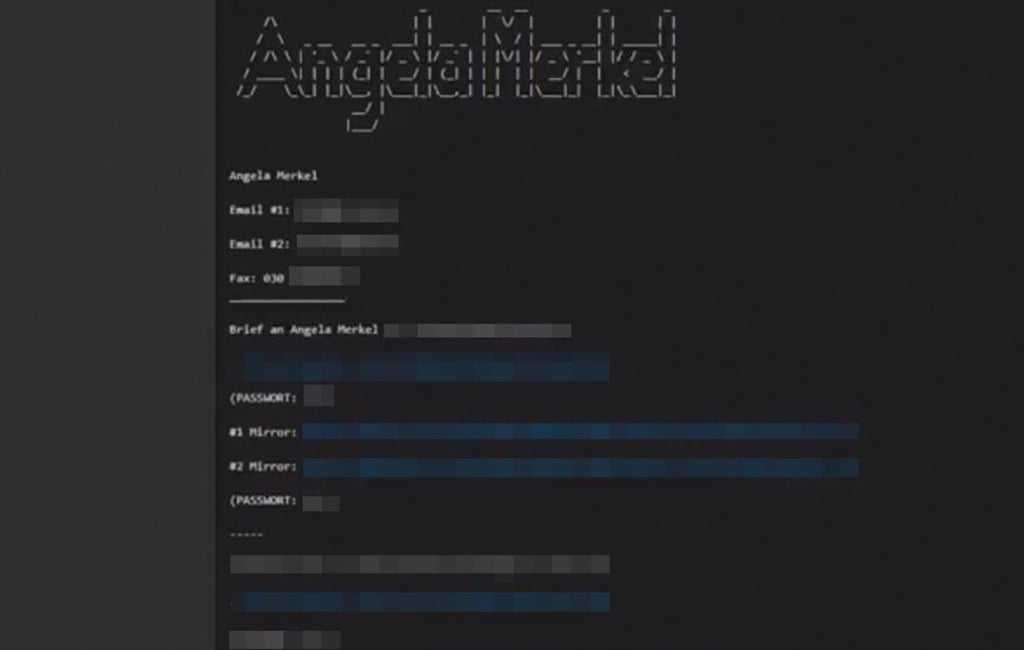 Screenshot of data about German Chancellor Angela Merkel published as part of the massive leak of private data stolen from German politicians in December 2018. Photo: AFP Screenshot of data about German Chancellor Angela Merkel published as part of the massive leak of private data stolen from German politicians in December 2018. Photo: AFP