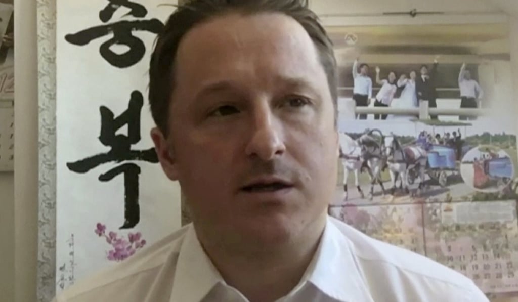 In this file image made from video taken on March 2, 2017, Michael Spavor, director of Paektu Cultural Exchange, talks during a Skype interview in Yanji, China. Photo: AP In this file image made from video taken on March 2, 2017, Michael Spavor, director of Paektu Cultural Exchange, talks during a Skype interview in Yanji, China. Photo: AP