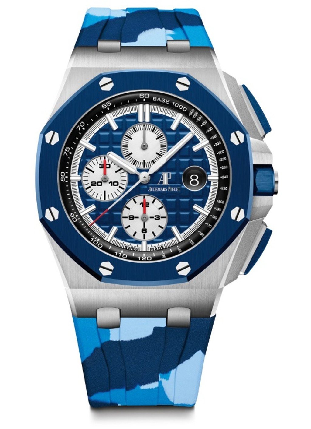 Audemars Piguet’s blue camouflage version of the Royal Oak Offshore chronograph, which comes with 50 hours of power reserve. Audemars Piguet’s blue camouflage version of the Royal Oak Offshore chronograph, which comes with 50 hours of power reserve.