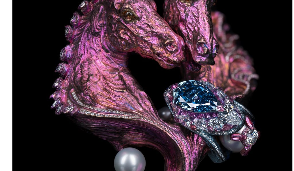 Wallace Chan’s jewellery, like this Love of Two Horses brooch, often has a strong sculptural presence.