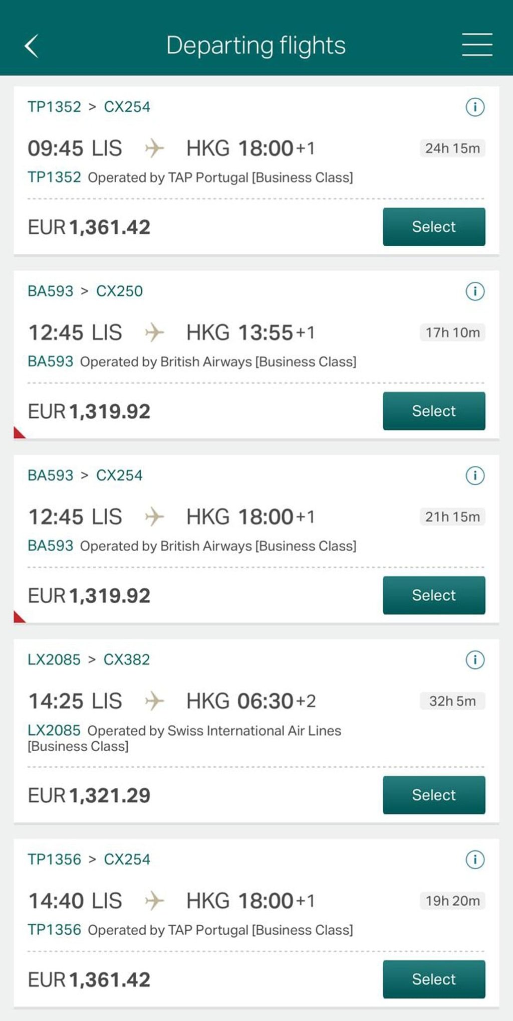 A screen grab of the erroneous fares. Photo: SCMP