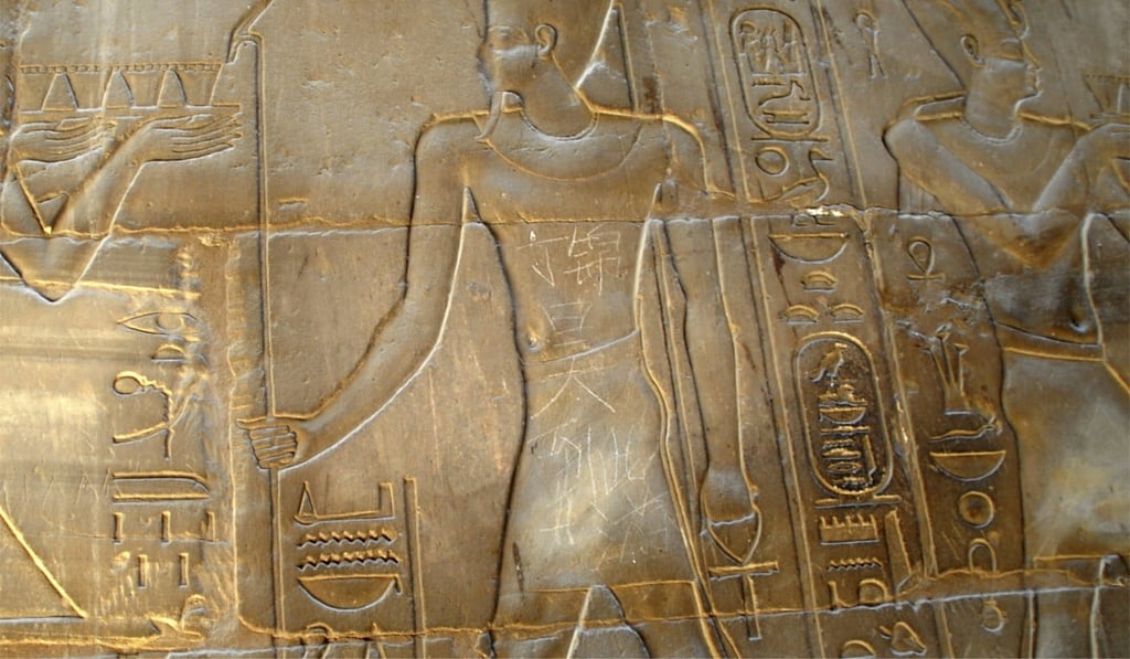 In May 2013, a Chinese visitor etched “Ding Jinhao visited here” onto the 3,500-year-old Luxor temple, in Egypt. Picture: AP