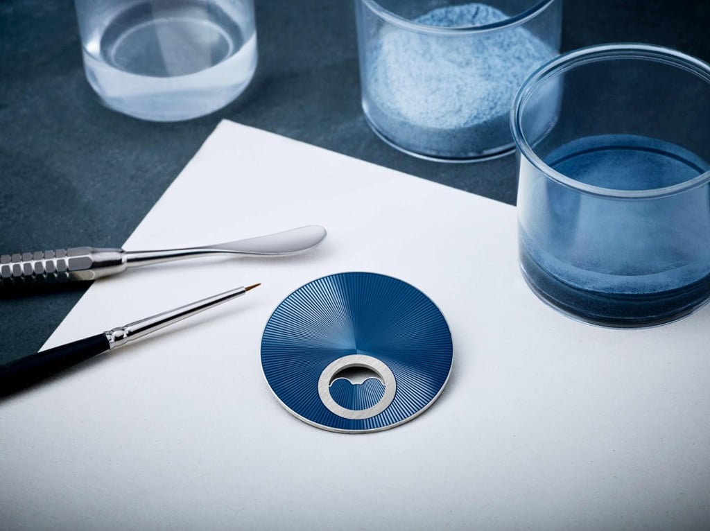 A guilloche enamelled ‘midnight blue’ dial created for Jaeger-LeCoultre’s Master Ultra Thin Moon Enamel watch. A guilloche enamelled ‘midnight blue’ dial created for Jaeger-LeCoultre’s Master Ultra Thin Moon Enamel watch.