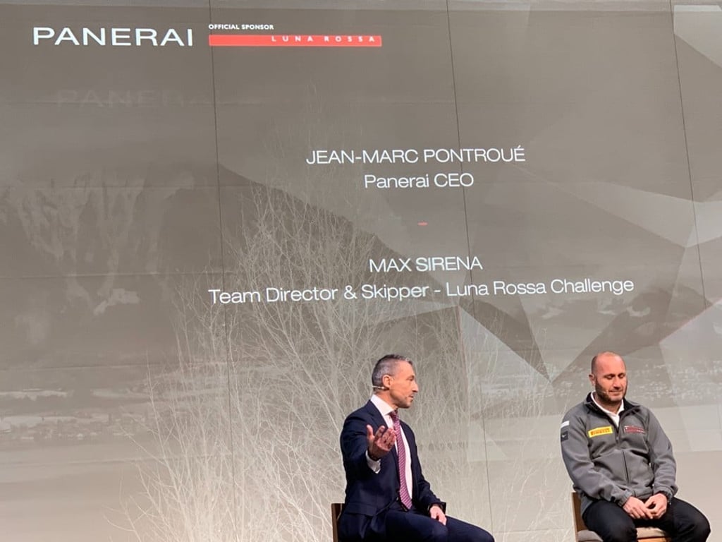 Jean Marc Pontroué, Panerai's CEO, and Massimiliano Max Sirena, skipper and team director of Luna Rossa, at the press conference in Geneva, Switzerland, when they announced their new partnership on January 14. Photo: Winnie Chung.