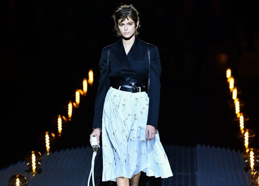 Model Kaia Gerber presents a Prada creation for women during Sunday’s men’s fall/winter 2019/20 fashion show at Milan Men’s Fashion Week. Photo: AFP