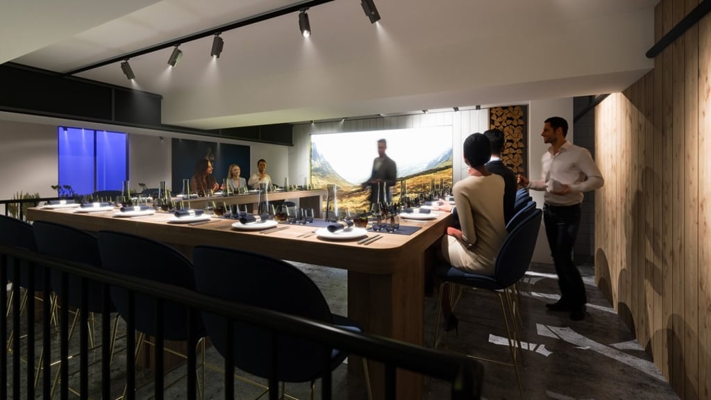 A rendering of the dinner experience within the Johnnie Walker Blue Label Bothy A rendering of the dinner experience within the Johnnie Walker Blue Label Bothy