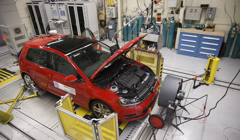 A Volkswagen car is set up for an emissions test. The German car industry has been forced to slow production due to delays in meeting the EU’s new emissions standards. Photo: Bloomberg