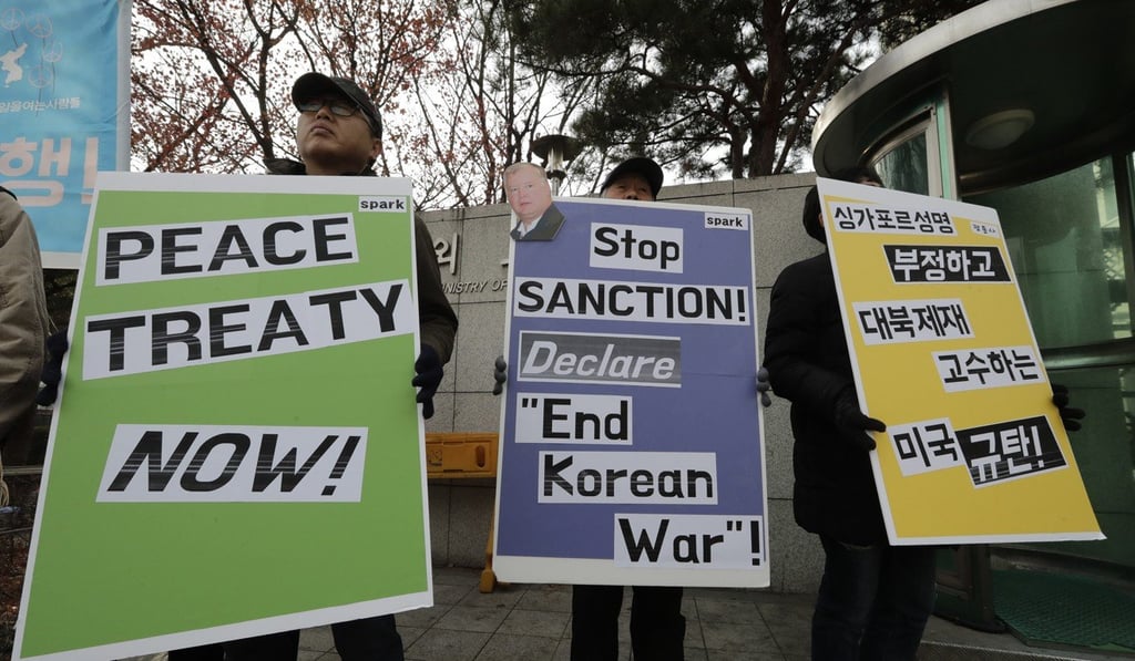 South Korean protesters hold banners during a rally denouncing a US visit to a border village the Koreas have been demilitarising as part of steps to reduce military tensions amid a larger diplomatic push to resolve the nuclear crisis. Photo: AP