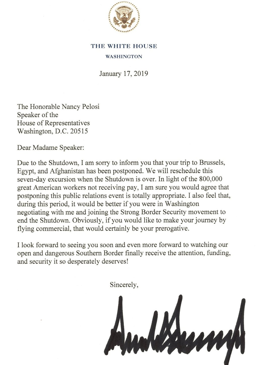 A handout image released by the White House shows a letter from US President Donald Trump to Speaker of the House Nancy Pelosi informing her that he is postponing her trip to Belgium, Egypt and Afghanistan. Photo: Reuters
