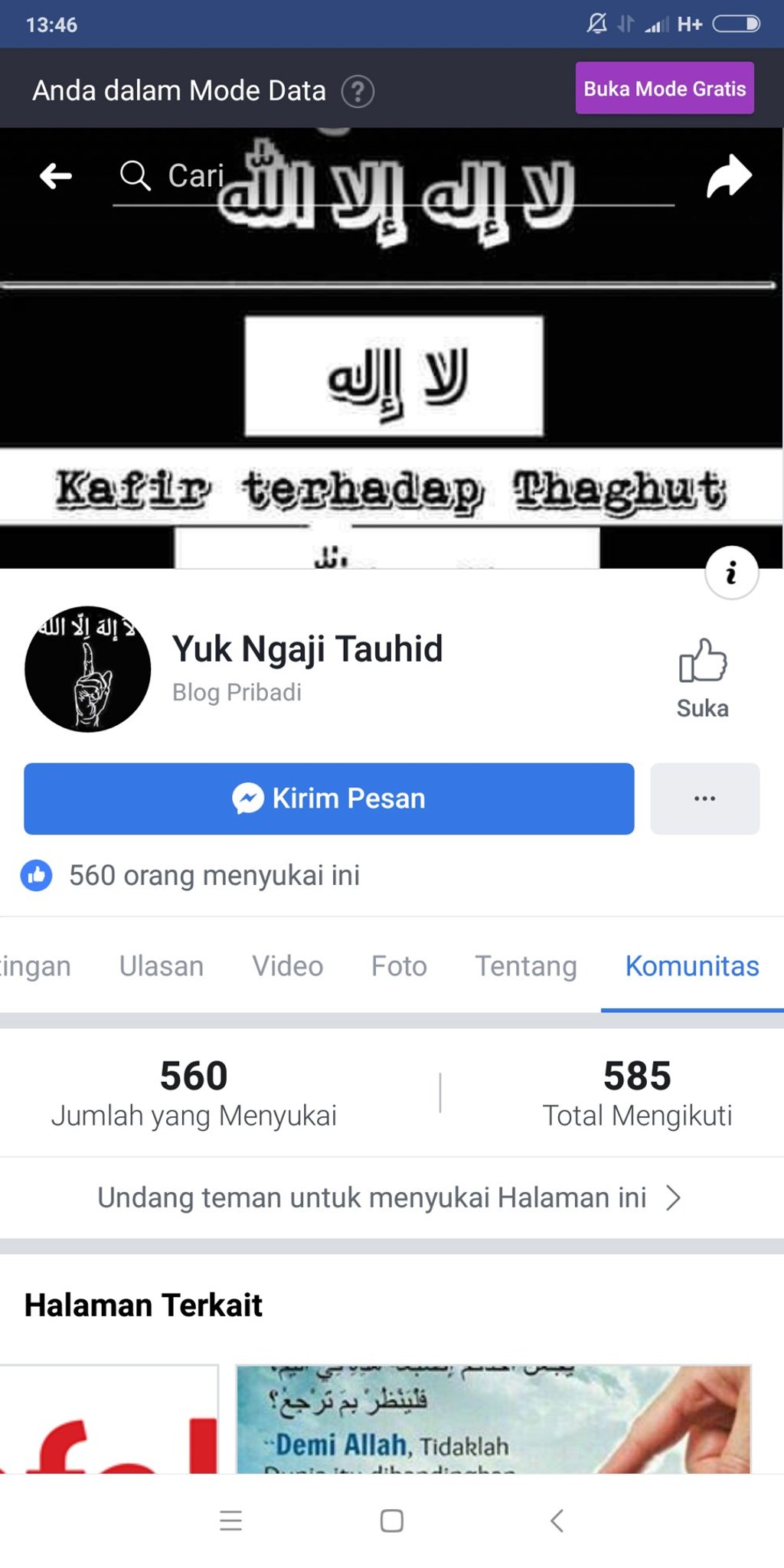 Screenshot of the Yuk Ngaji Tauhid (Let’s Study Tauhid) group on Facebook, “tauhid”, referring to an Islamic concept of oneness with Allah.