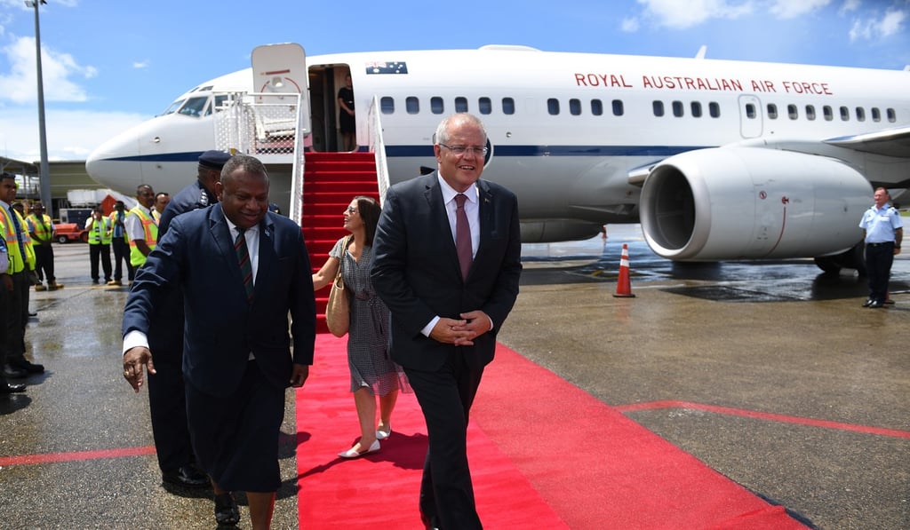 Australian Prime Minister Scott Morrison arrives at Nadi airport, Fiji. Photo: EPA
