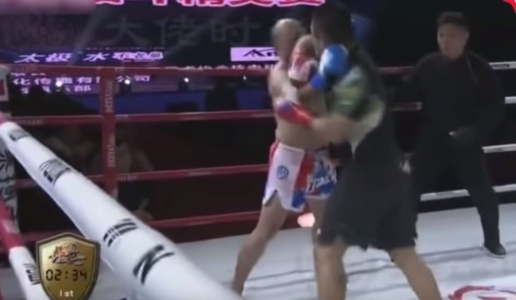Xu Xiaodong lands an elbow that breaks Tian Ye’s nose.