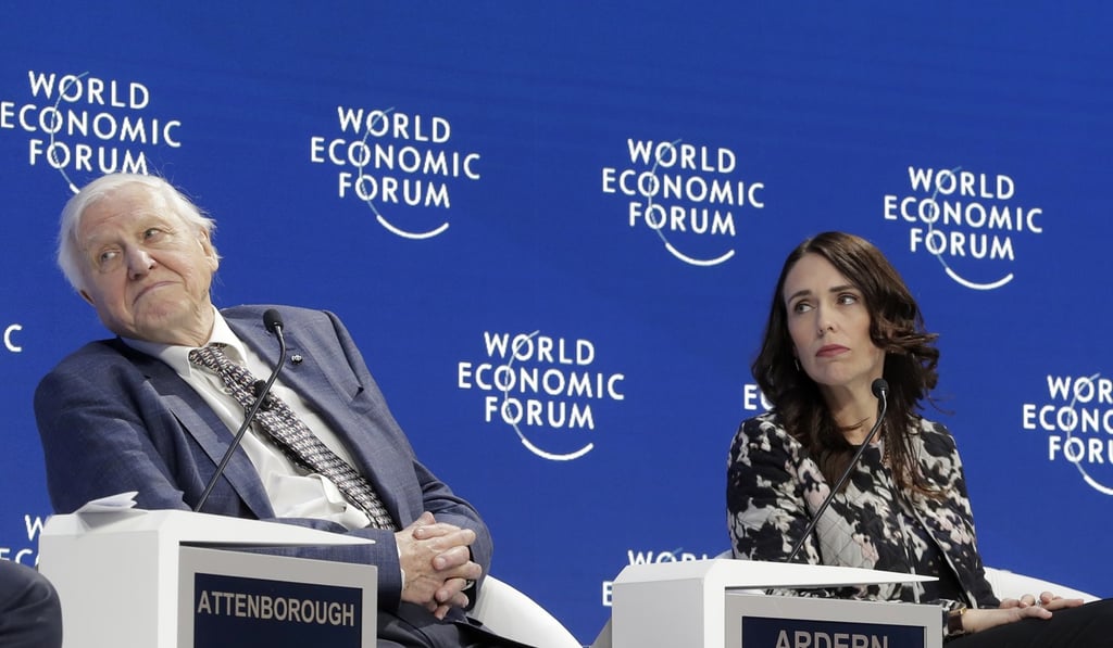 Sir David Attenborough, broadcaster and natural historian, and Jacinda Ardern, Prime Minister of New Zealand, participate in the Safeguarding the planet session at the annual meeting of the World Economic Forum in Davos. Photo: AP