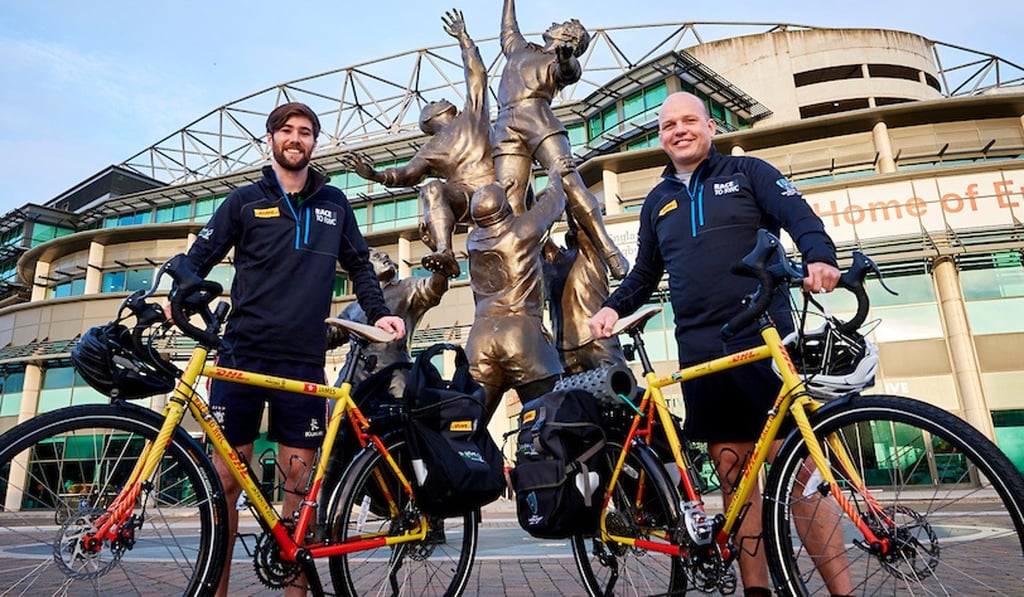 Ron Rutland (right) and James Owen start their journey from Twickenham, the site of the last Rugby World Cup final. Ron Rutland (right) and James Owen start their journey from Twickenham, the site of the last Rugby World Cup final.