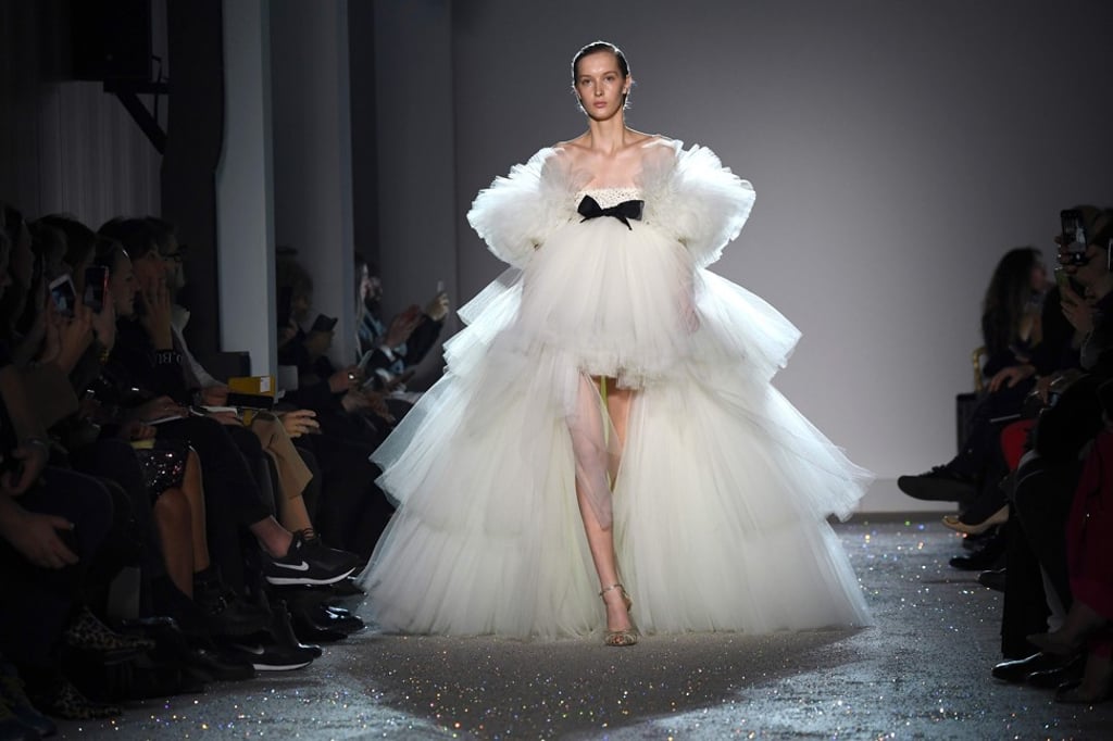 A model presents a white ball gown designed by Giambattista Valli during Monday’s 2019 spring/summer haute couture collection show in Paris. Photo: AFP