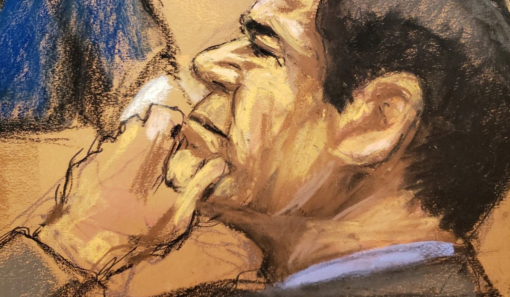 The accused Mexican drug lord Joaquin ‘El Chapo’ Guzman listens to a testimony by Isaias Valdez Rios in this courtroom sketch. Photo: Reuters