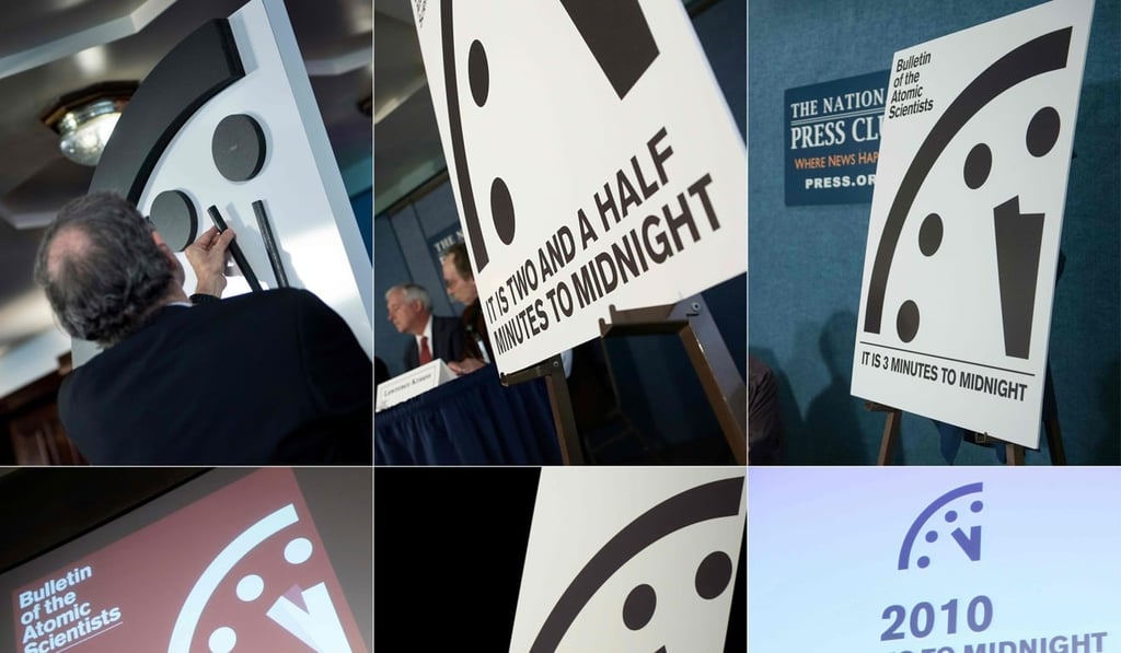 This combination of file pictures created on January 24, 2019 shows, clockwise from top left, the Doomsday clock in 2018, 2017, 2016, 2015, 2012, and 2010. Photo: AFP