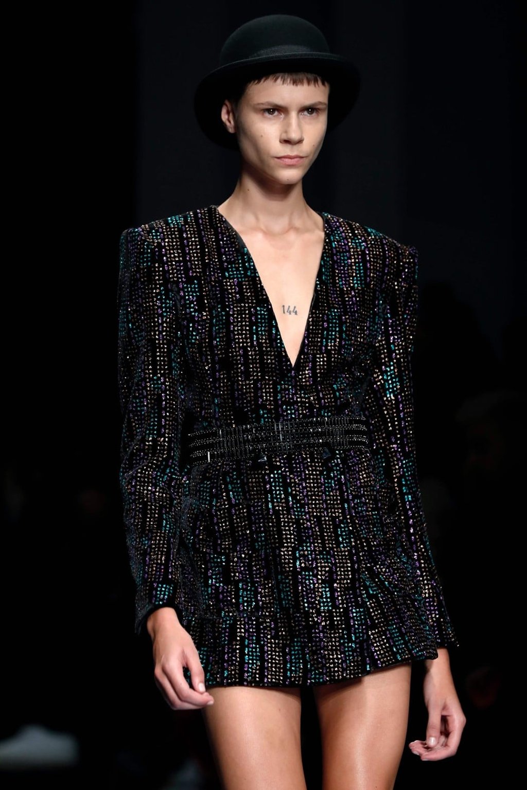 A model presents a mini dress by Azzaro Couture during the 2019 spring/summer haute couture collection show in Paris on Monday. Photo: AFP